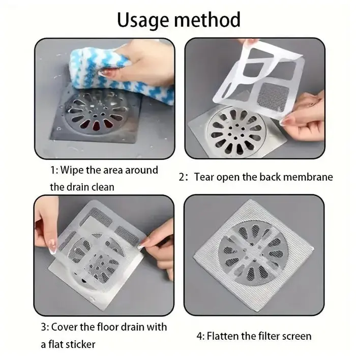 Drain_Hair_Catcher_Mesh_Sticker_Disposable_Shower_Strainer_Bathroom_Anti-clogging_And_Insect_Filter_Sticker_usage_method.webp