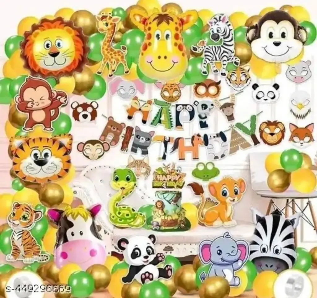 JUNGLE SAFARI BIRTHDAY DECORATIONS / BIRTHDAY PARTY DECORATION COMBO - BANNER WITH BALLOONS, FOIL BALLOONS, CARDSTOCK CUTOUT, GLUE
