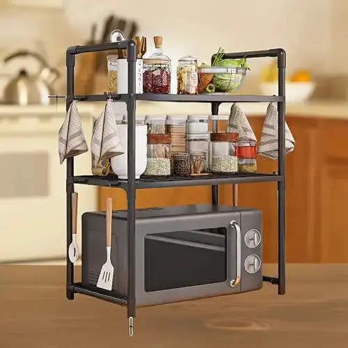 Microwave Storage Rack for Kitchen, Adjustable Countertop, Kitchen Shelf, Oven Organizer with Hooks, Raised Design