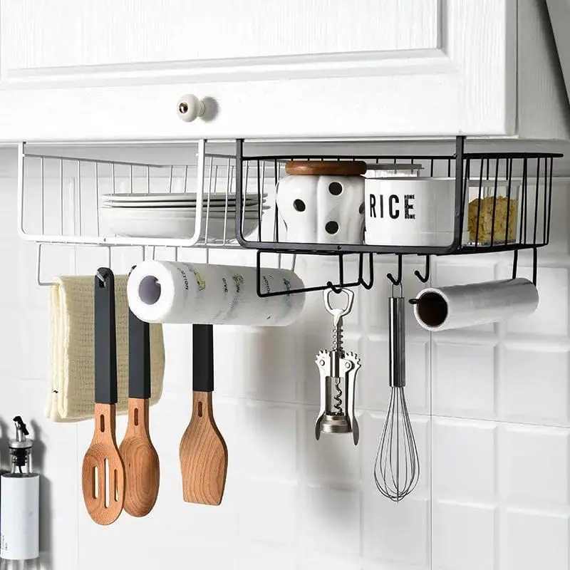 Hanging Storage Rack Kitchen Under Rack Cabinet Hanging Cabinet Rack Hanging Basket Wall Hanging Storage Rack Hanging Rack (Color: White, BlackSize: One Size)