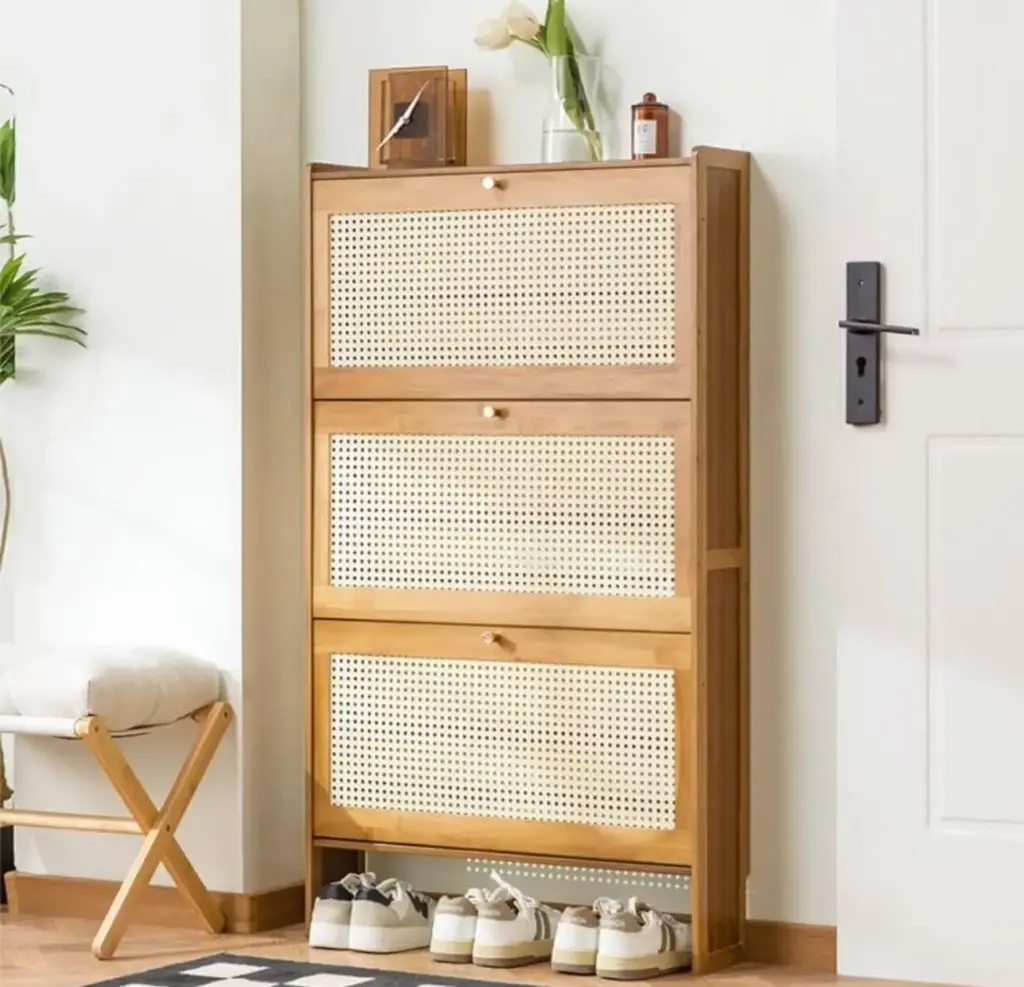 3-Tier Shoe Cabinet For Entryway, Rattan Shoes Storage Cabinet Narrow / Slim Organizer With 3 Flip Drawers Back of The Door Shoe Rack