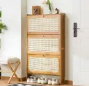 3-Tier Shoe Cabinet For Entryway, Rattan Shoes Storage Cabinet Narrow / Slim Organizer With 3 Flip Drawers Back of The Door Shoe Rack