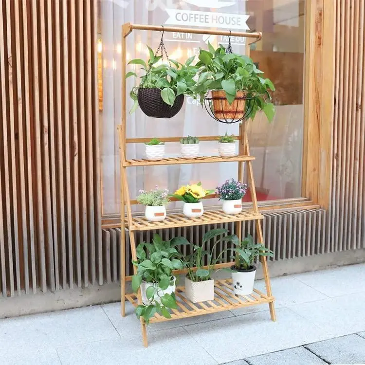 3 Tier Bamboo Hanging Plant Shelf Stand FlowerPot Display Rack