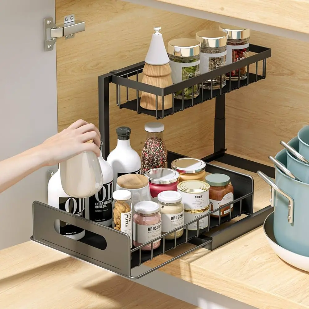 Under Sink Organizers and Storage Multi Tier Slide Out Kitchen Cabinet Organizer Sturdy Metal Bathroom Storage, Cabinet Organizer, Multi Tier Pull Out Cabinet Storage Shelf with Sliding Storage Wire Basket Drawer, Under Sink Storage for Kitchen Bathroom Cabinet, Kitchen Accessories