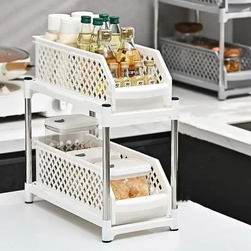 Multi-Purpose Sink Organizer with 2-Layer Sliding Drawer, Black White Plastic, Easy Installation, Suitable for Kitchen, Laundry, Bathroom White