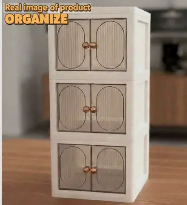 Makeup Organizer Cabinet (Pack of 3) with Doors – Stackable Cosmetic Storage Box (1-3 Tier Options) | Dustproof Vanity & Skincare Organizer