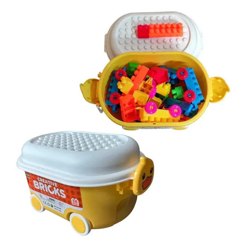 Creative Bricks 58-Piece Educational Building Blocks Set for Toddlers – 3-in-1 Duck Storage Box on Wheels with Building Base Lid – Premium Construction Toy for Motor Skills & Imaginative Play – Perfect Birthday Gift for Kids in Qatar