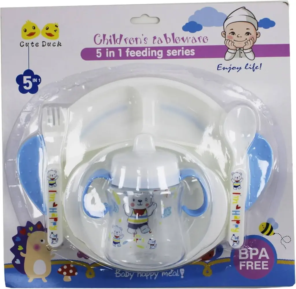 Complete Baby Feeding Set 5 Piece Dinnerware - Safe Divided Plate with Utensils for Toddler Weaning and Independent Eating