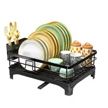 Premium Dish Drying Rack with Utensil Holder & Drain Tray – Space Saving Kitchen Counter Organizer, Black Metal Plate & Cup Drying Stand for Modern Kitchens in Qatar