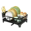 Premium Dish Drying Rack with Utensil Holder & Drain Tray – Space Saving Kitchen Counter Organizer, Black Metal Plate & Cup Drying Stand for Modern Kitchens in Qatar