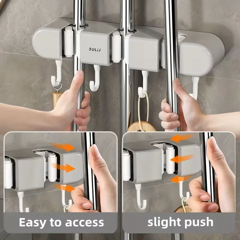 Wall Mounted/Self Adhesive Mop Holder/ Broom Organizer/Home Cleaning Tool Holder Organizer, 3 Clips 4 Hooks, Mop Hook, Mop Clip, Wall Mounted Mop And Broom Storage Clip, Mop Hanging Rack, Multifunctional Tools Storage Clip For Bathroom Kitchen Garden, Cleaning Accessories, Household Gadgets