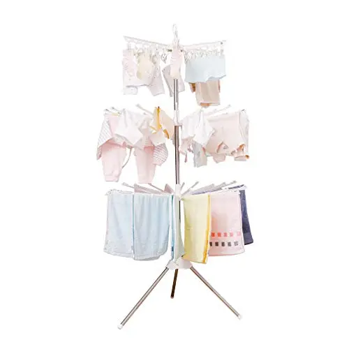 3 Tiers Foldable Towel Drying Rack Baby Clothes Laundry Rack with Underwear Clips Saving Space