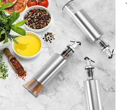 Olive Oil, Cooking Oil and Vinegar Dispenser Bottle Set 3Pack 400ml Kitchen Oil Dispenser Glass Cooking Oil Dispenser with Steel Cover Seasoning Bottle.