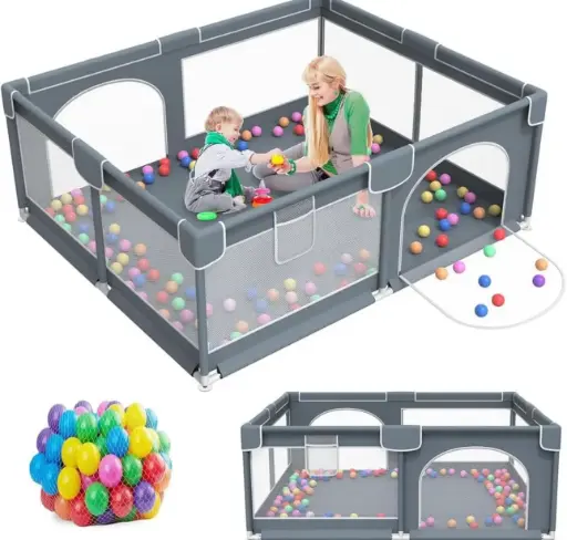 Baby Playpen Safety Baby Play Yard w/ 50 Ocean Balls & 4 Handles Dark Grey