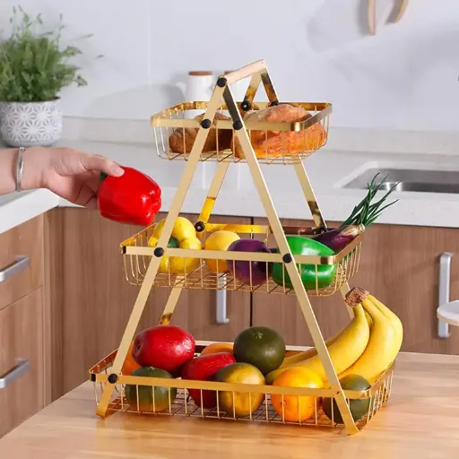 3-Tier Fruit Basket, Golden Color – Multi-Layer Kitchen Organizer for Fruits, Vegetables, and Meals | Elegant Metal Kitchen Storage Holder with Space-Saving Design