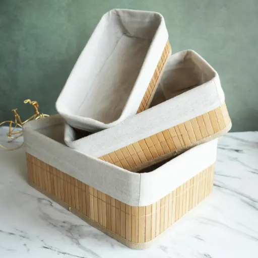 3 Piece Bamboo Woven Storage Bucket Set - Stackable Natural Rattan Baskets for Home Organization Bedroom Closet Living Room Décor