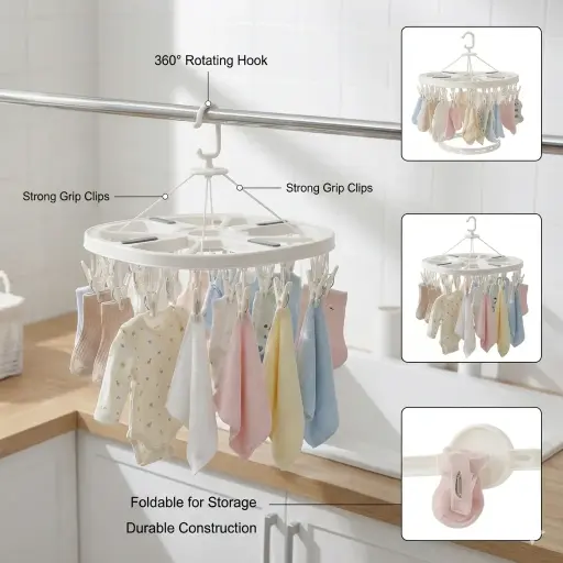 360° Rotating Clip Hanger with Hooks – Foldable Baby Clothes & Socks Drying Rack