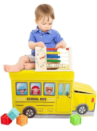 Kids Bus Storage Box - Multiple Them (Bus Shape Storage Box for Kids Toys) with Cushioned Sear Stool