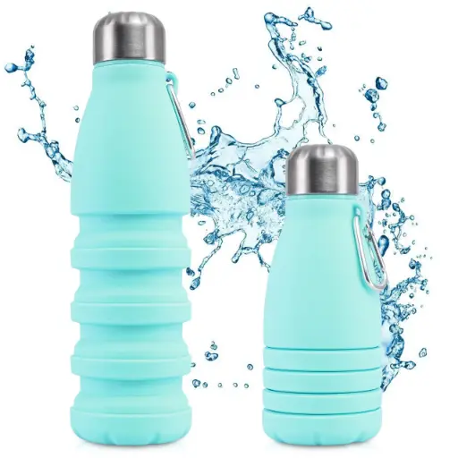 Pack of 2 High-quality foldable silicone water bottle, BPA-free, odourless, non-toxic, temperature-resistant, 550 ml for sports, fitness, outdoor, camping or travel 