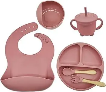 Baby Silicone Cutlery Set, Kids Tableware Feeding Suction Cup Bowl Bib Plate Spoon Toddler Dining Set